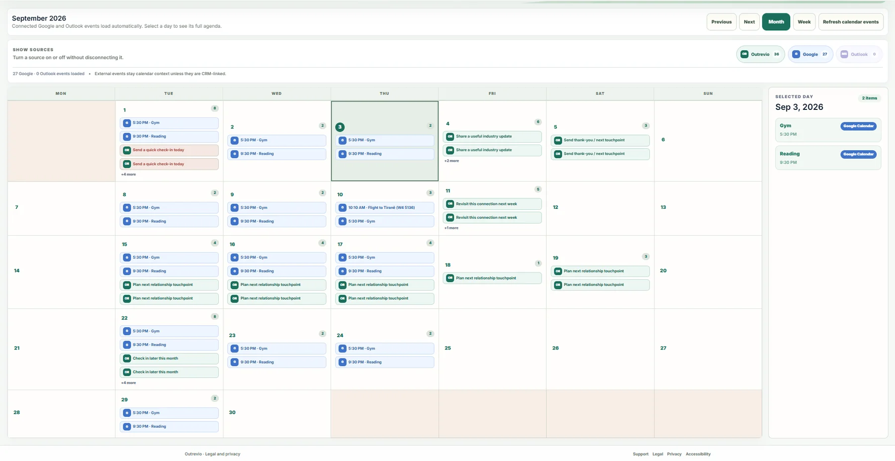 Outrevio Calendar showing connected Google Calendar events alongside Outrevio relationship reminders using demo data.