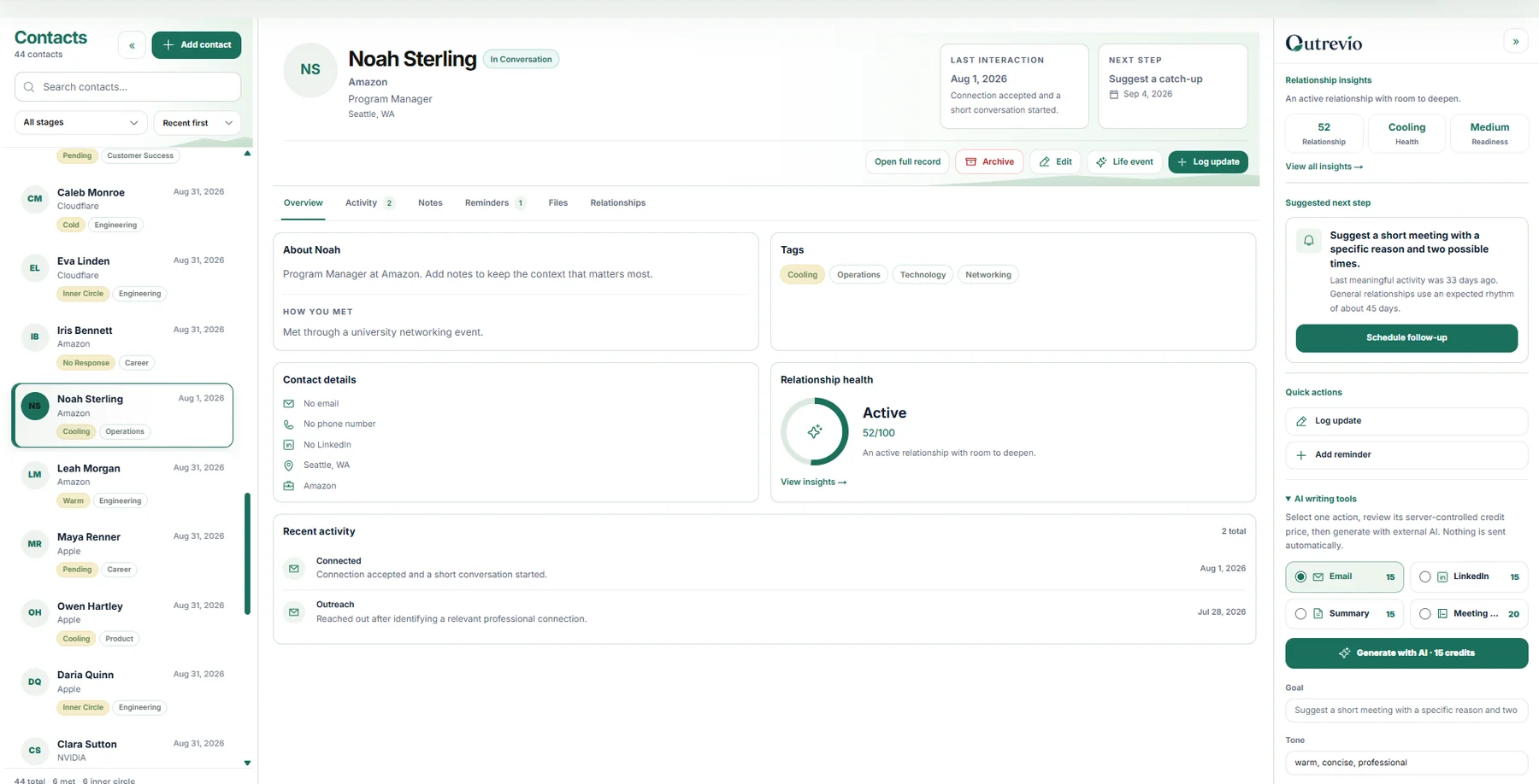Outrevio contact workspace showing relationship context, activity, relationship health, suggested next steps, and optional AI writing tools using demo data.