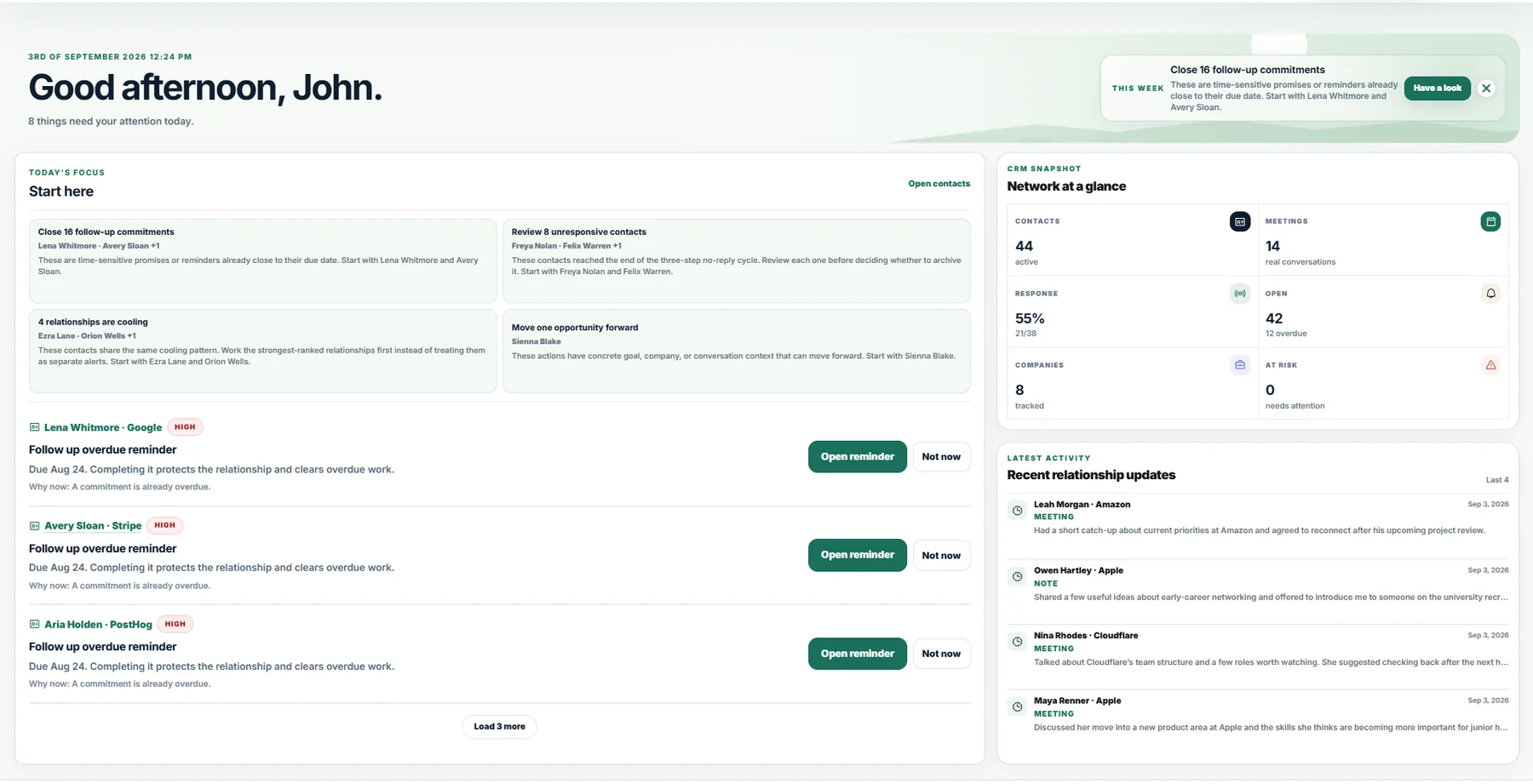 Outrevio Home showing This Week, Today's Focus, CRM Snapshot, reminders, and recent relationship updates using demo data.